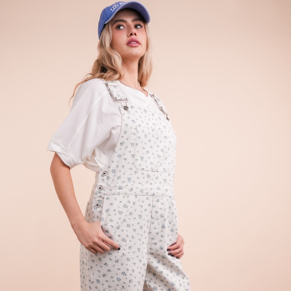 Very J Cream Floral Women's Overalls